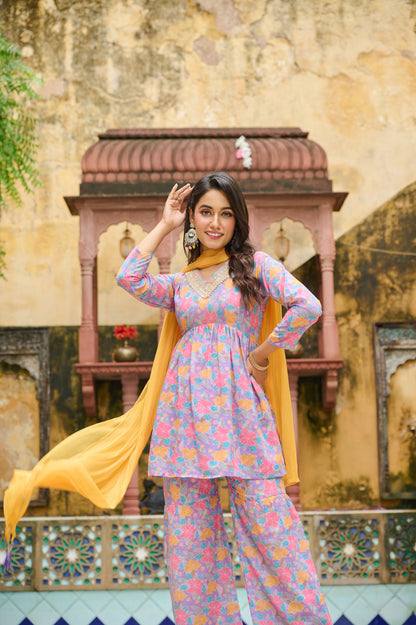 Kudi Botanical Print Cotton Kurta Set with Dupatta