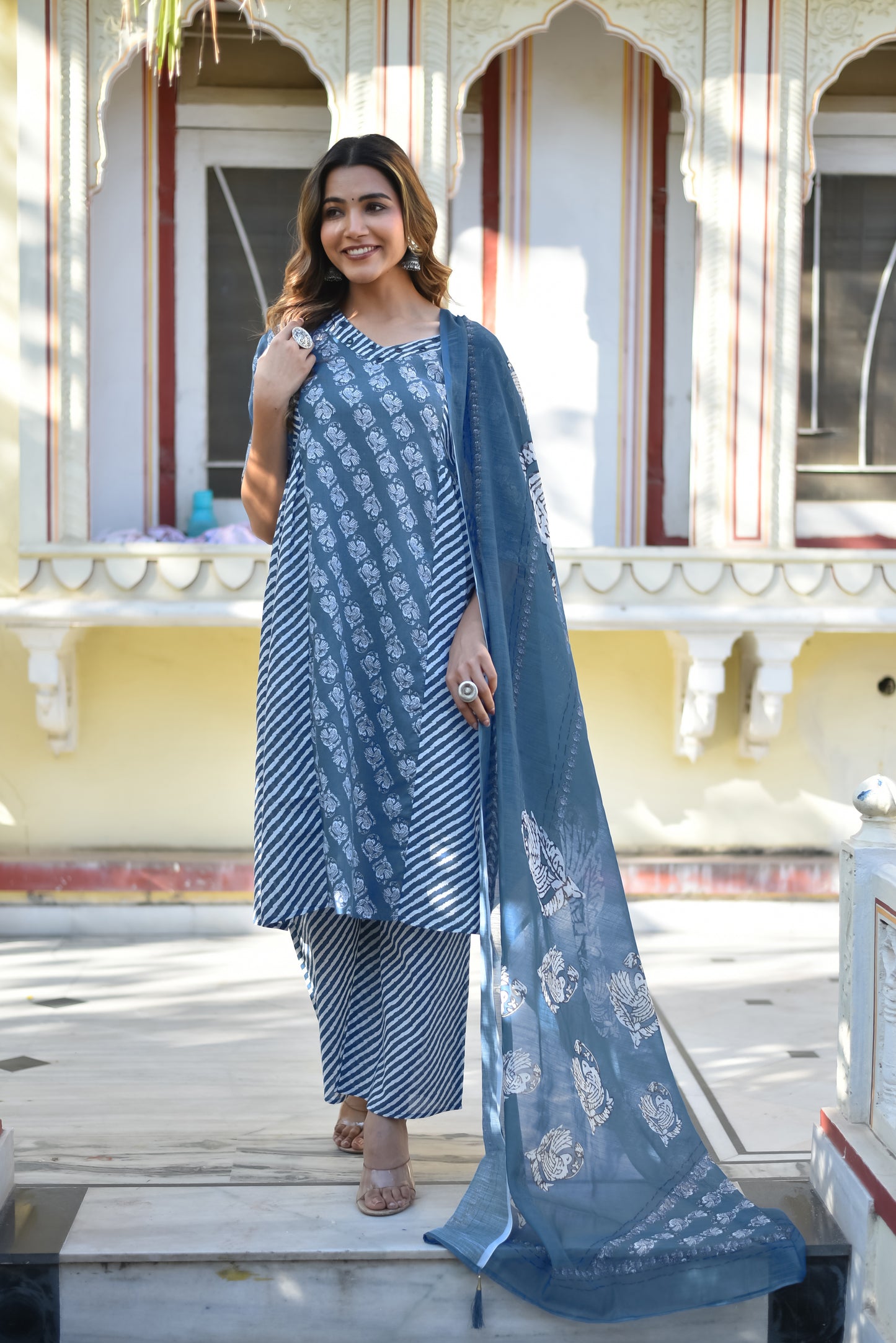 Serene Sky Blue Floral Kurta Set with Dupatta