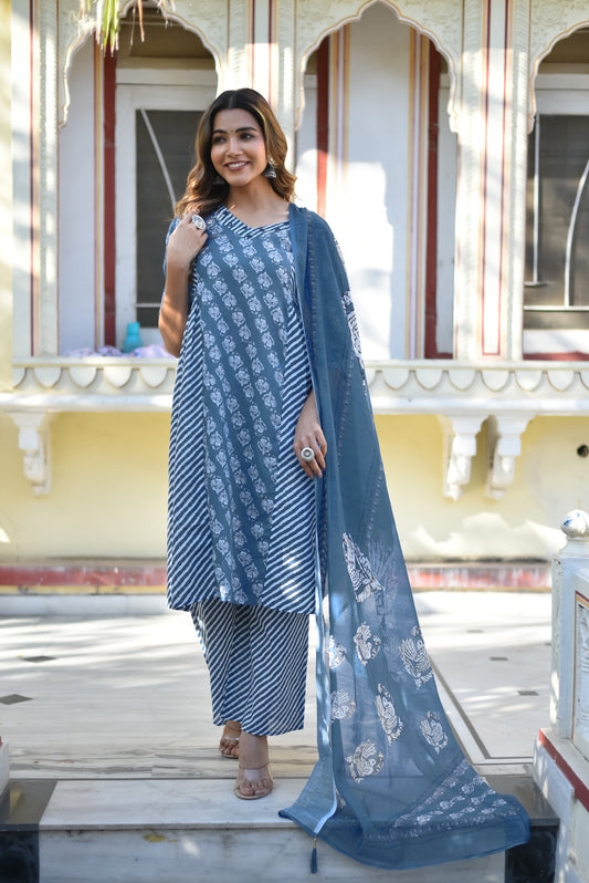 Serene Sky Blue Floral Kurta Set with Dupatta