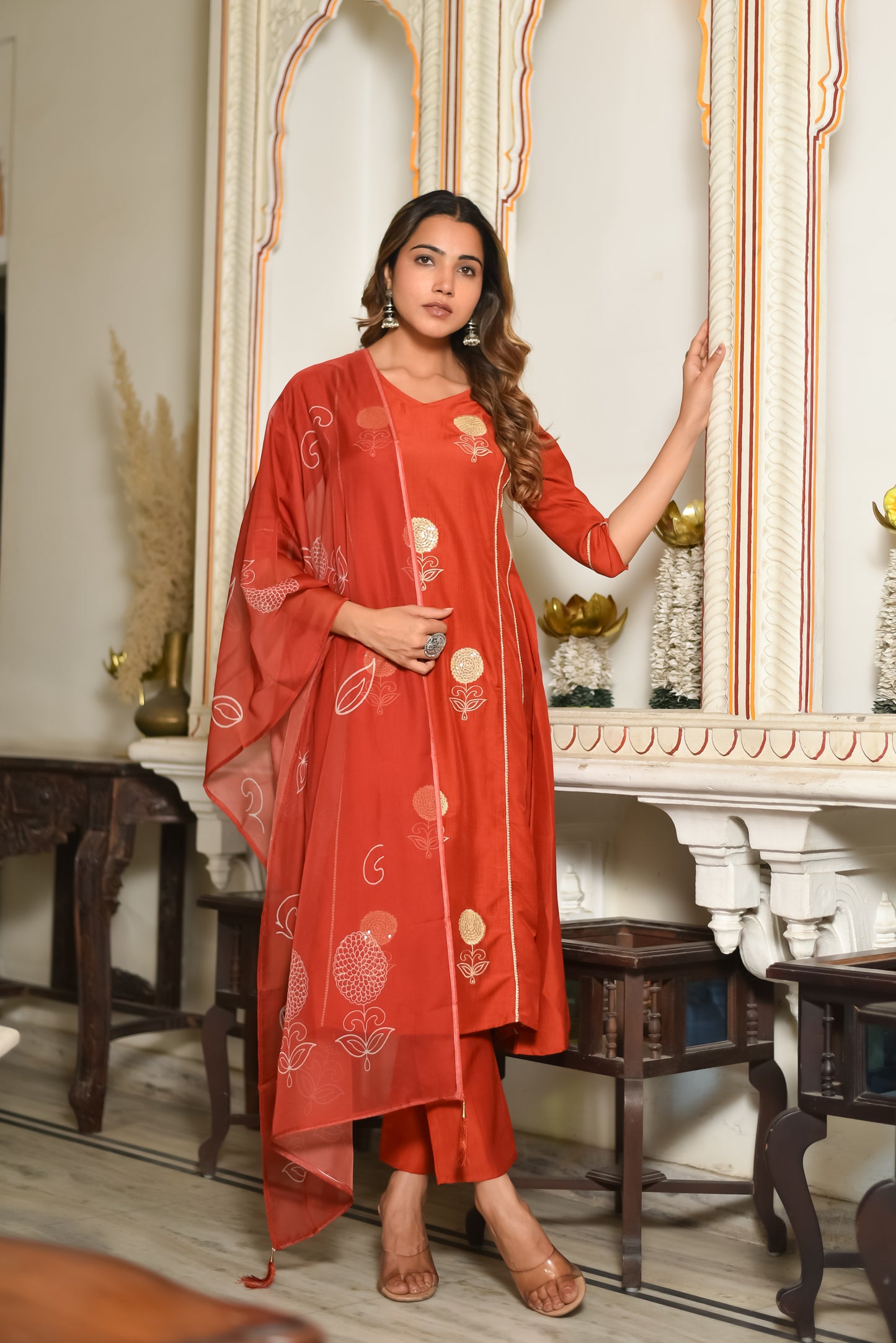 Regal Rust Silk Kurta Set With Dupatta