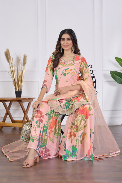 Palak Embroidered Printed Sharara Set with Dupatta