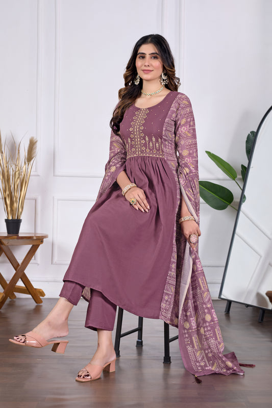 Diya Deep Mauve Floral Embroidered Anarkali Pleated Kurta & Trousers With Dupatta