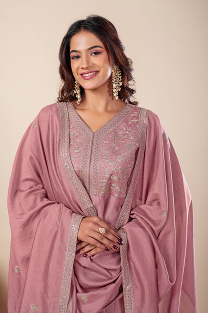 Pink Embroidered Silk Anarkali Kurta With Dupatta Set