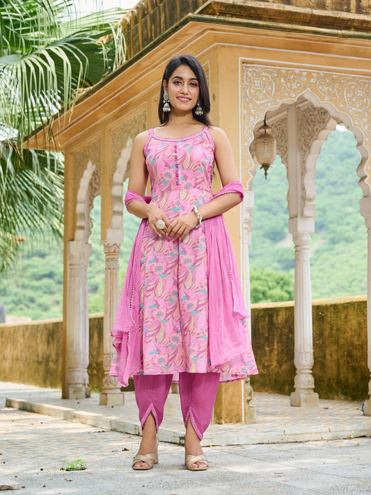 Niharika Pink & Green Floral Printed Pure Cotton Kurta with Trousers & Dupatta