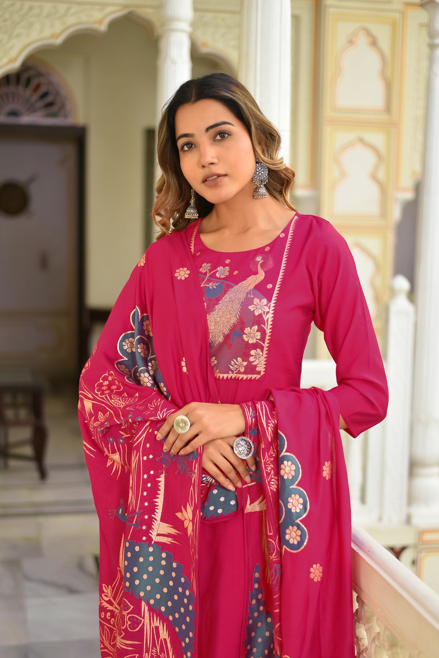 peacock Pure Silk printed Kurta with Trousers and dupatta