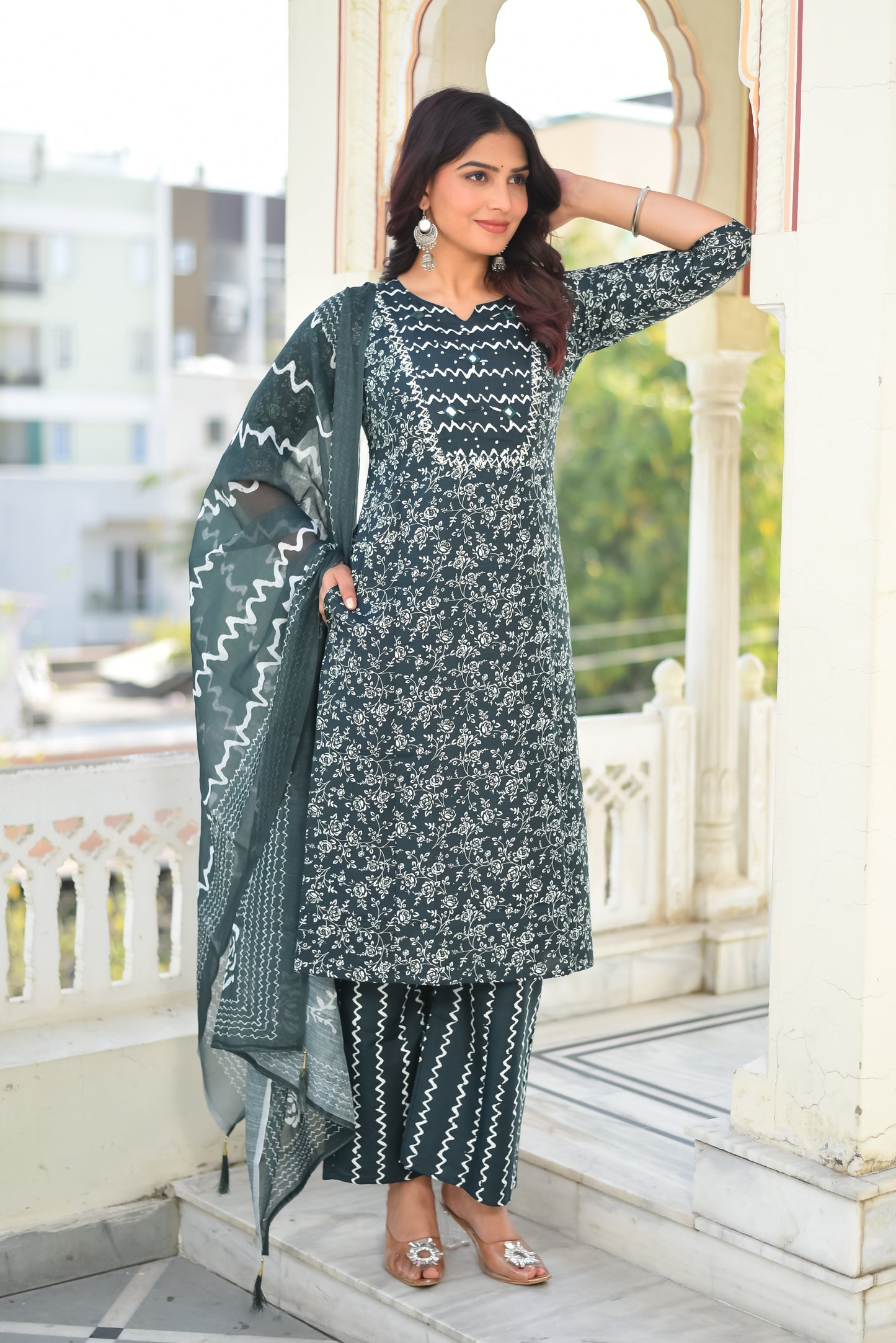 OCEAN LEAF COTTON KURTA SET WITH DUPATTA