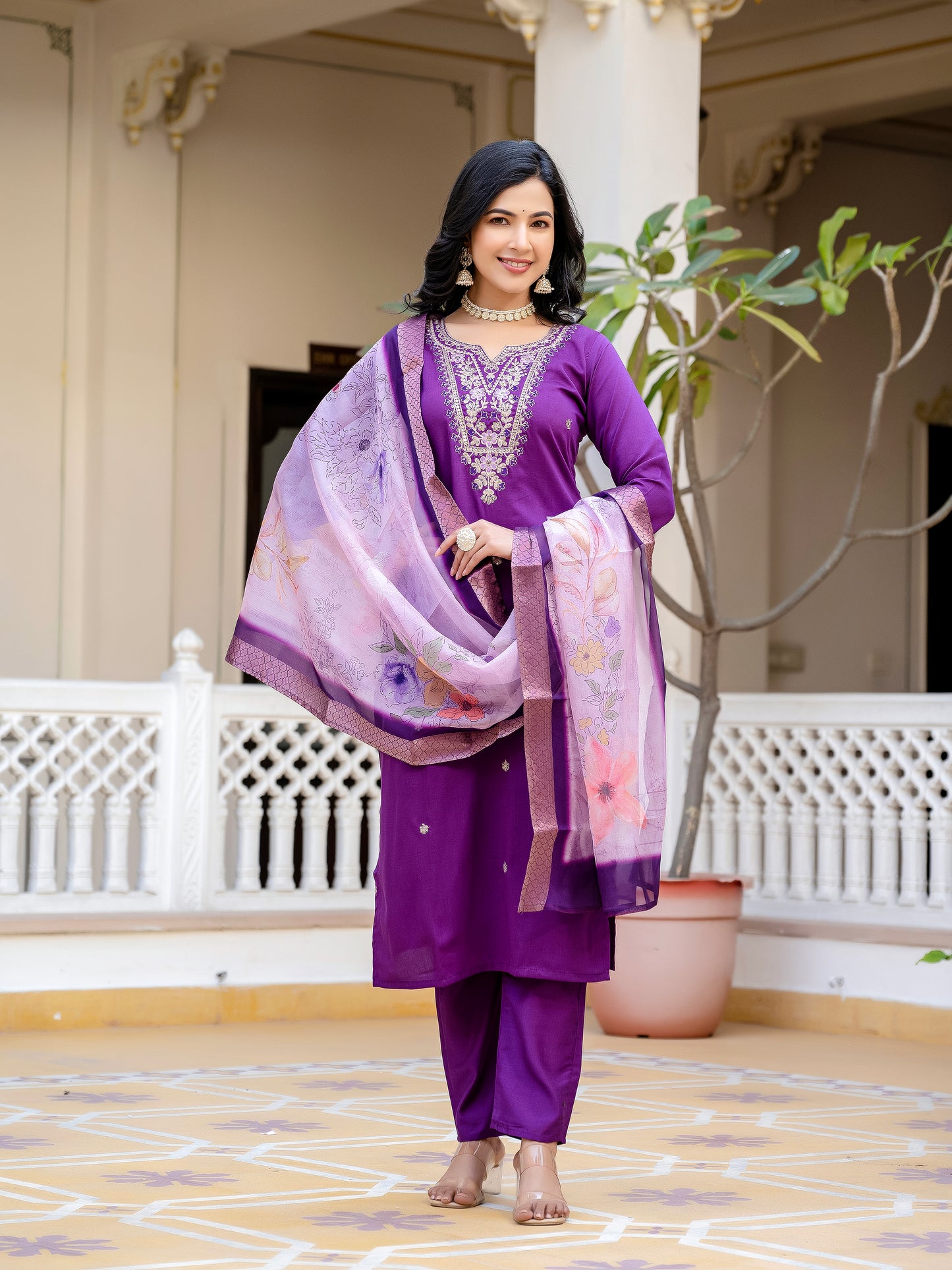 Sara Motifs Embroidered Silk Kurta with Trouser & Dupatta