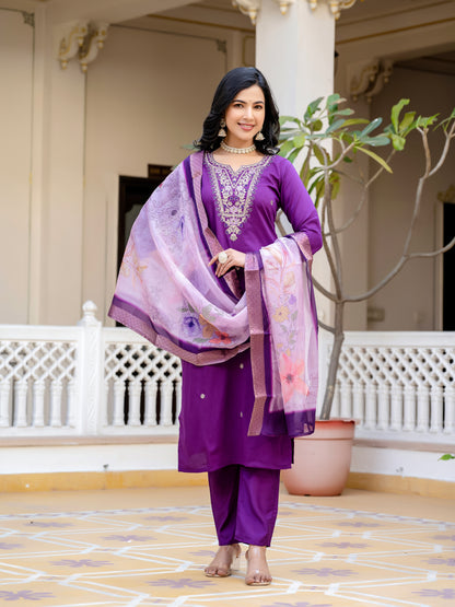 Sara Motifs Embroidered Silk Kurta with Trouser & Dupatta
