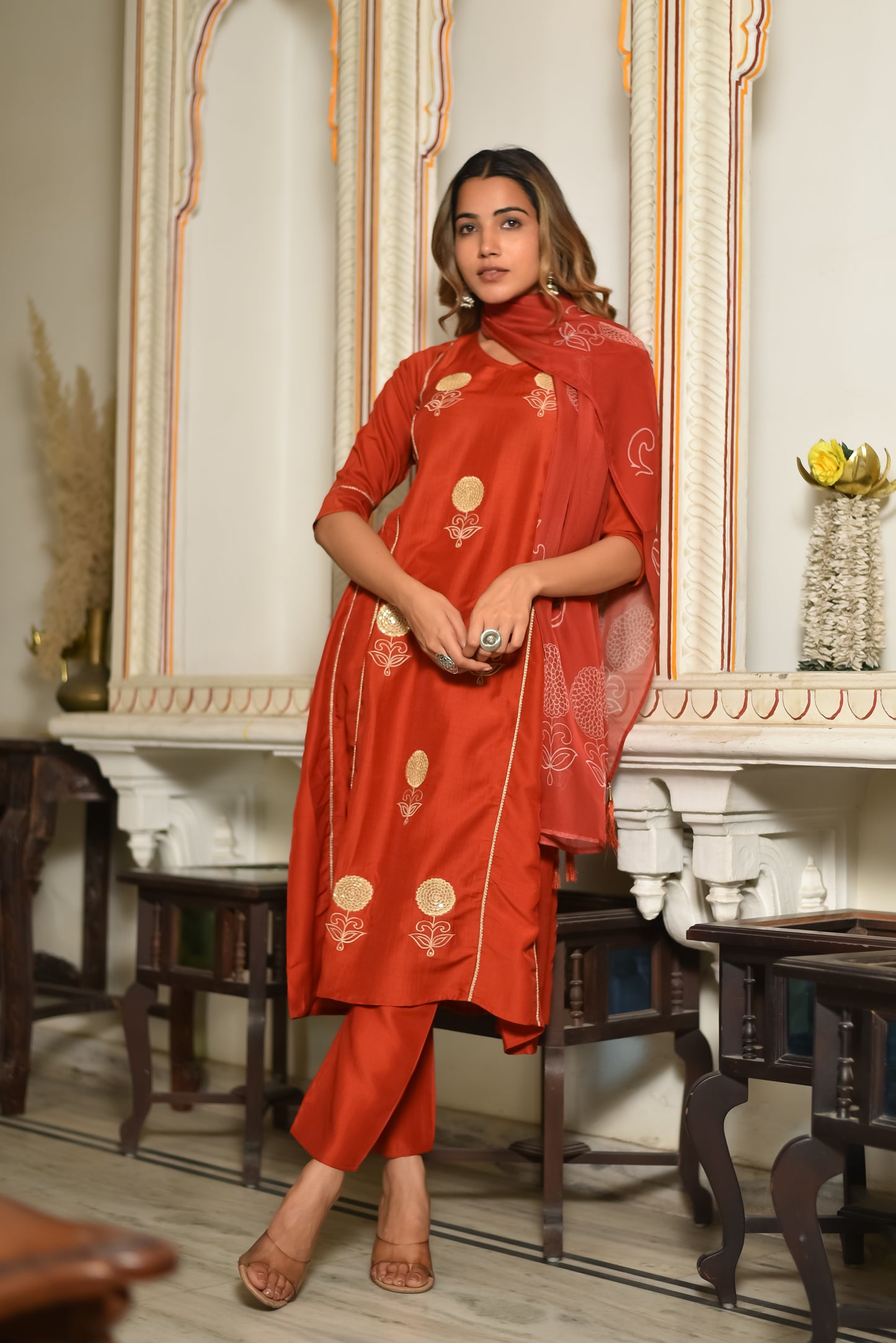 Regal Rust Silk Kurta Set With Dupatta