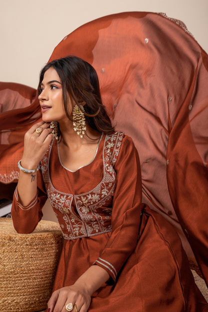 Rust Koti Embroidered Silk Anarkali Kurta With Dupatta Set
