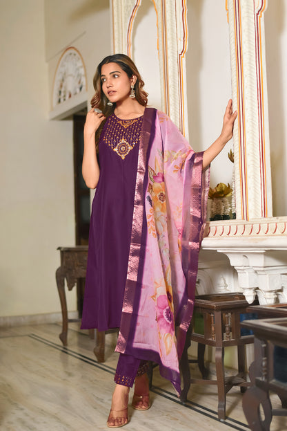 Prisha Motifs Embroidered Silk Kurta with Trouser & Dupatta