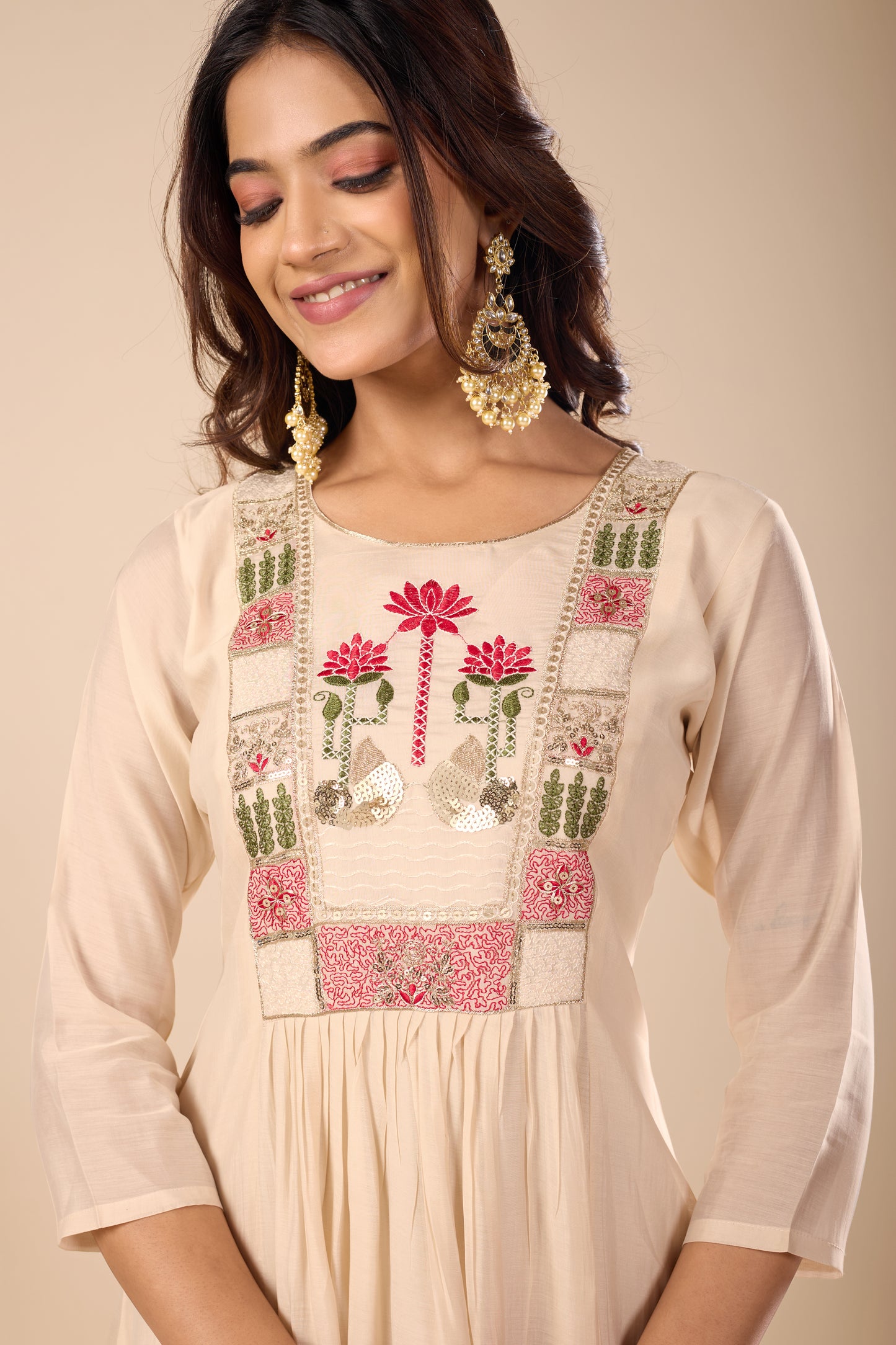 Lotus Peach Embroidered Pure Mul Chanderi Anarkali Kurta With Dupatta Set