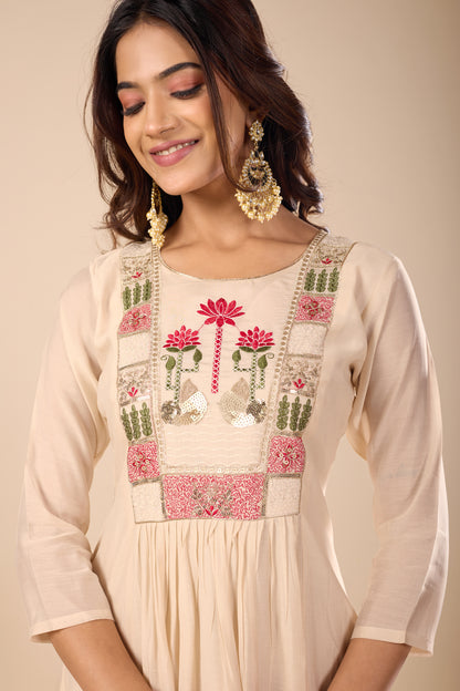 Lotus Peach Embroidered Pure Mul Chanderi Anarkali Kurta With Dupatta Set