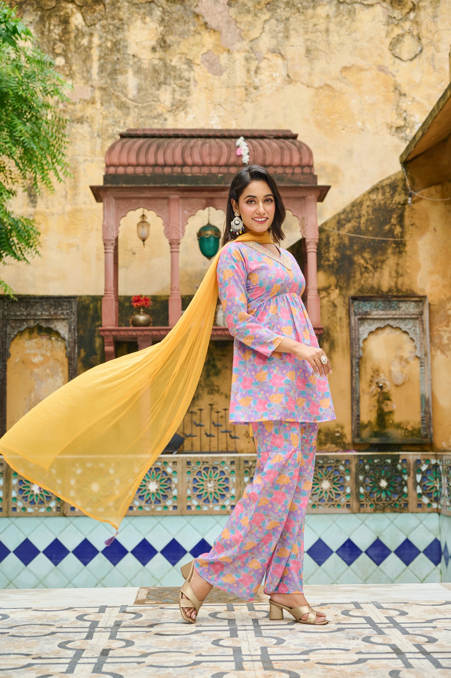 Kudi Botanical Print Cotton Kurta Set with Dupatta