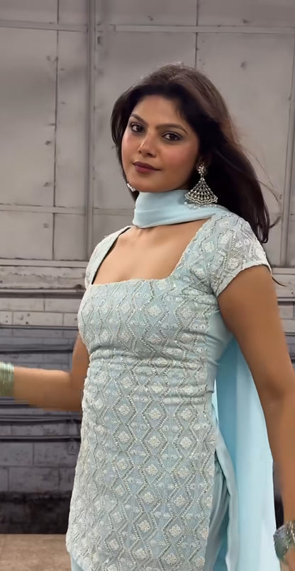 90's Style Glam Kurta Set with Bell Bottom Palazzo & Dupatta