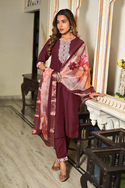 Velour Charm Embroidered Kurta Set with Dupatta