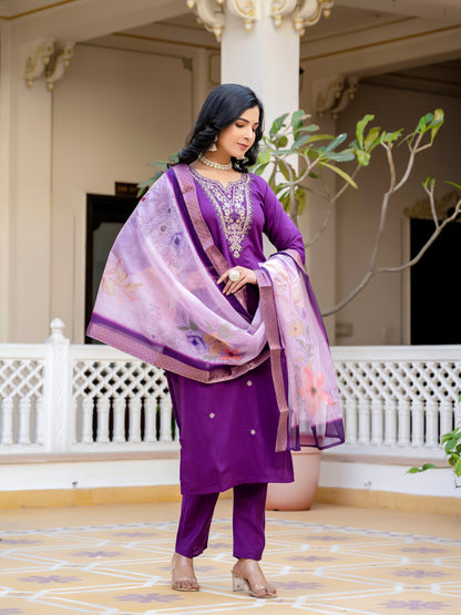 Sara Motifs Embroidered Silk Kurta with Trouser & Dupatta