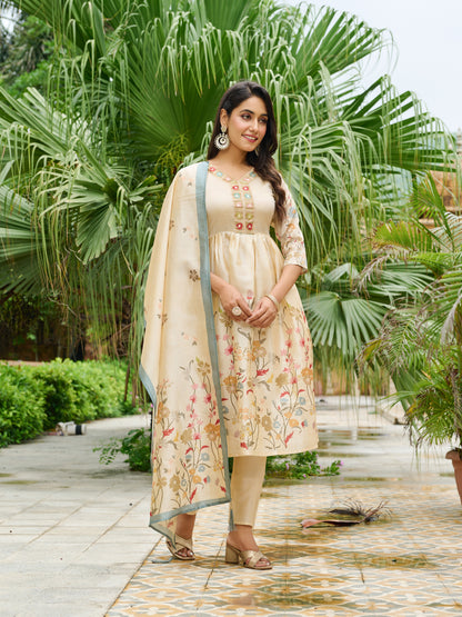 Ira Floral Printed Anarkali Pleated Kurta & Trousers With Printed Dupatta