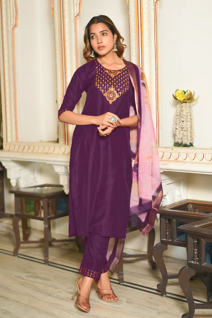 Prisha Motifs Embroidered Silk Kurta with Trouser & Dupatta