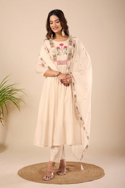 Lotus Peach Embroidered Pure Mul Chanderi Anarkali Kurta With Dupatta Set