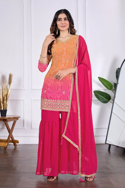 Bandhani Embroidered Printed Sharara Set with Dupatta