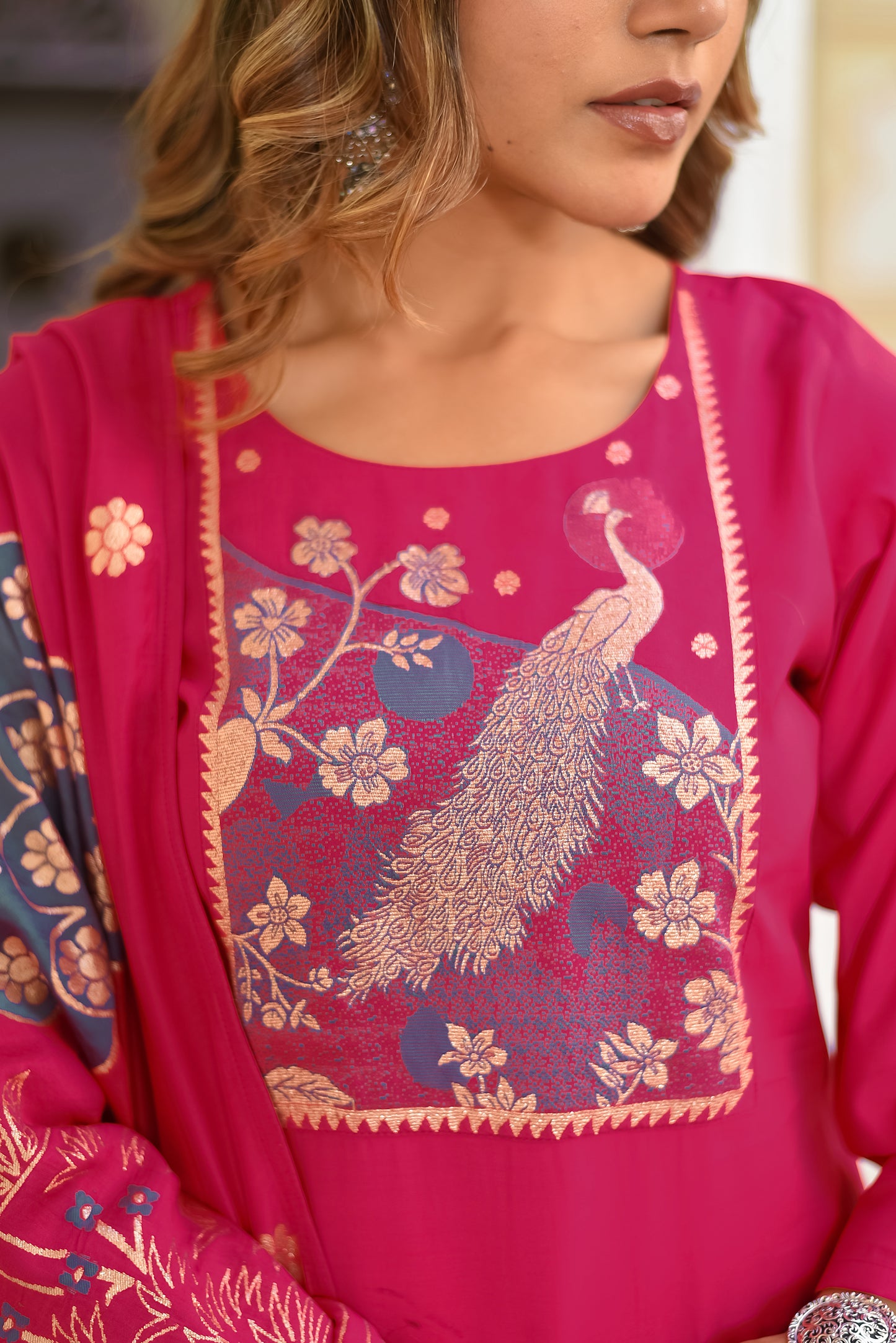 peacock Pure Silk printed Kurta with Trousers and dupatta