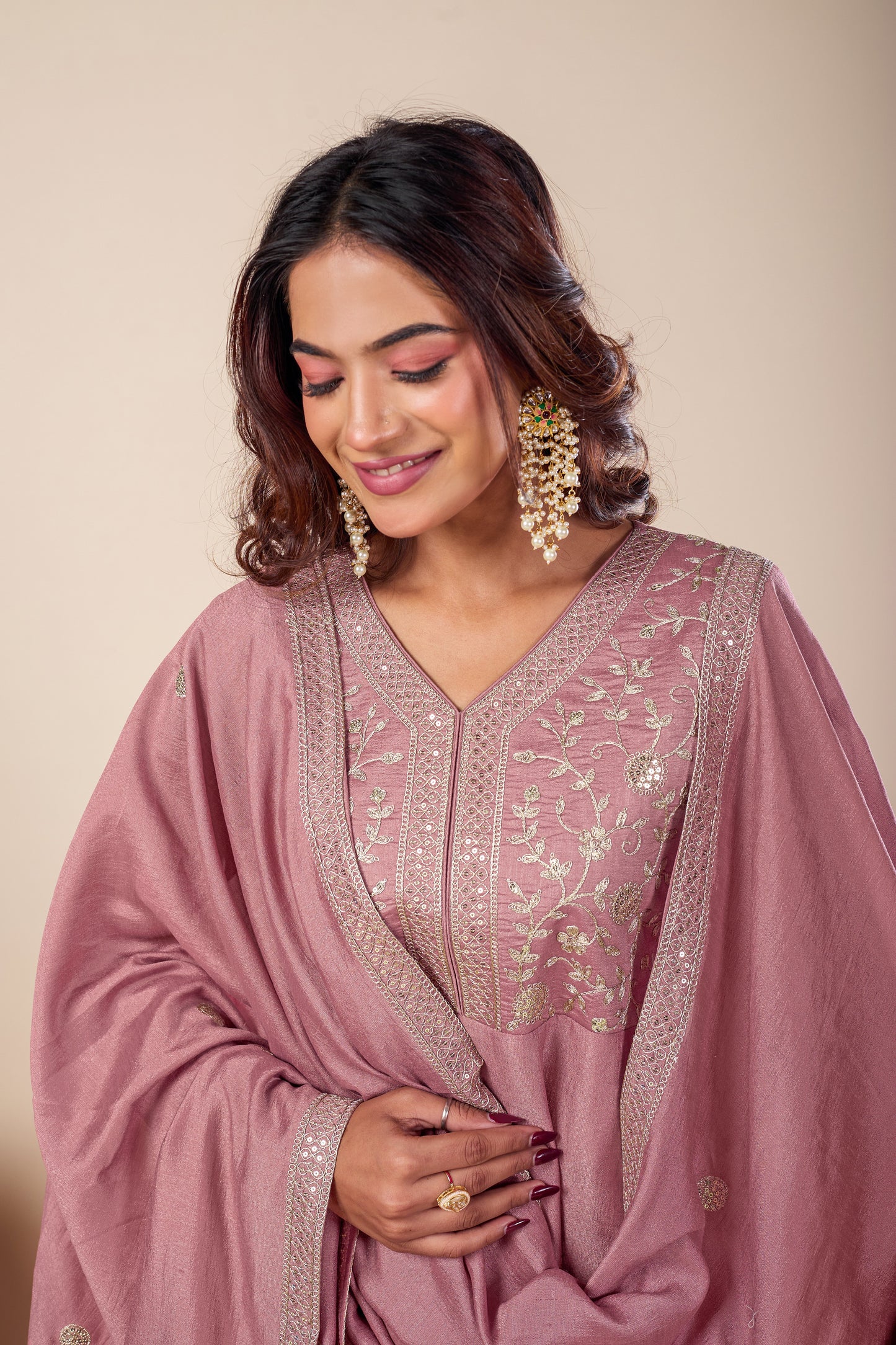 Pink Embroidered Silk Anarkali Kurta With Dupatta Set