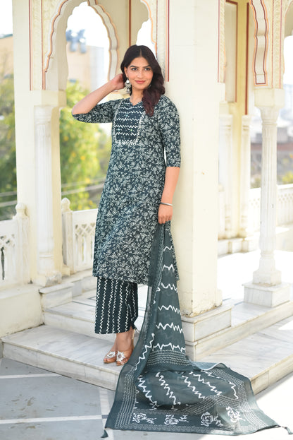 OCEAN LEAF COTTON KURTA SET WITH DUPATTA