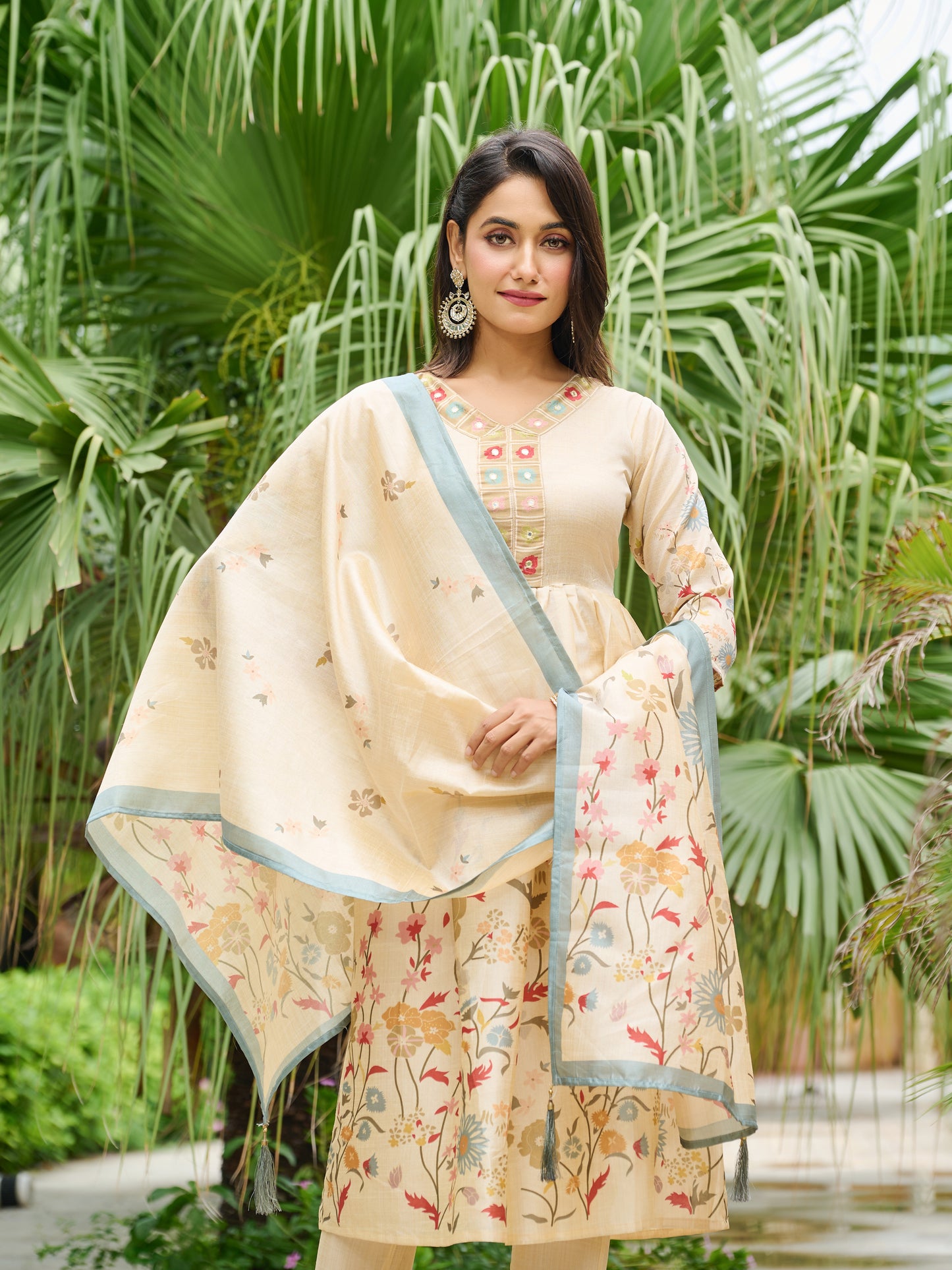 Ira Floral Printed Anarkali Pleated Kurta & Trousers With Printed Dupatta