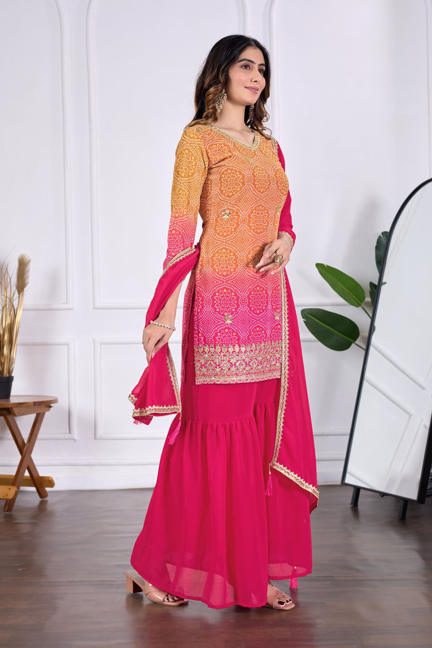 Bandhani Embroidered Printed Sharara Set with Dupatta