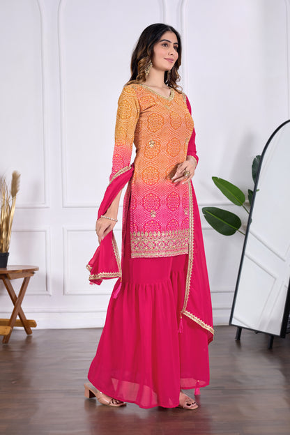 Bandhani Embroidered Printed Sharara Set with Dupatta