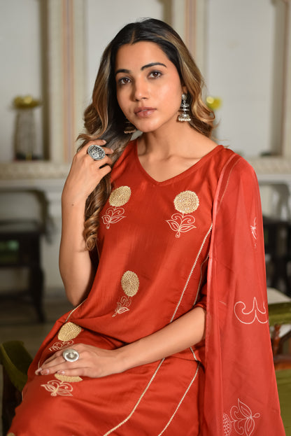Regal Rust Silk Kurta Set With Dupatta