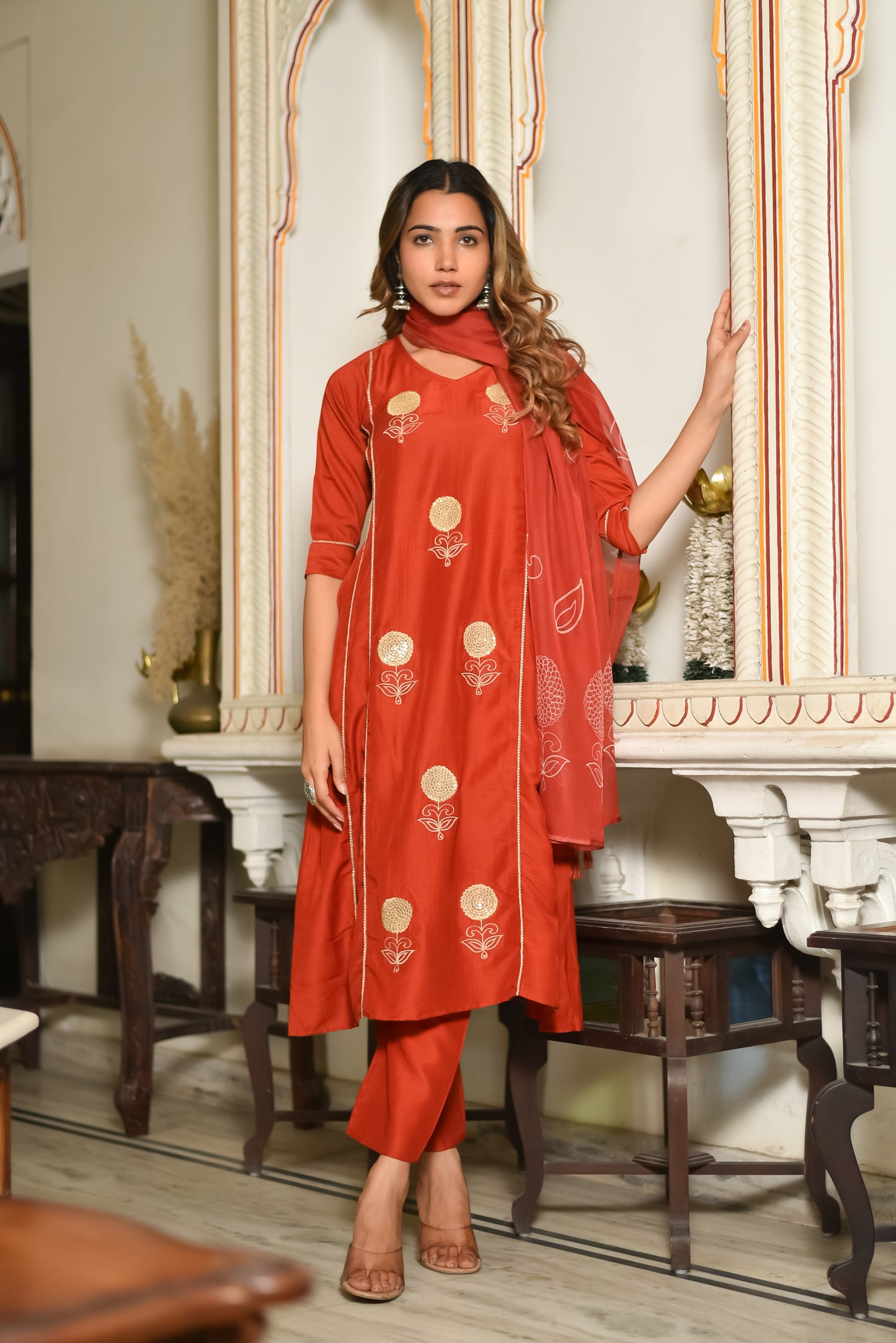 Regal Rust Silk Kurta Set With Dupatta
