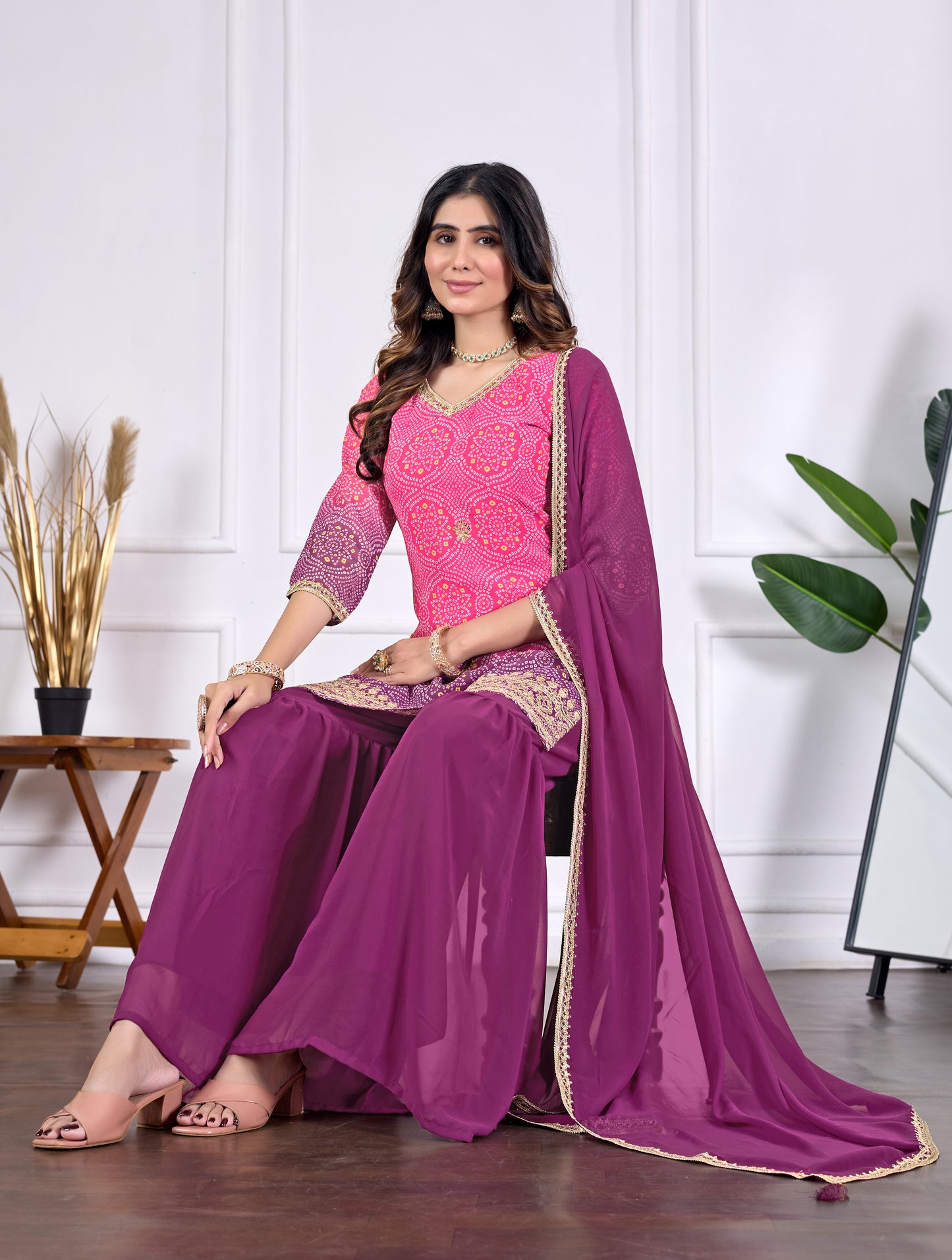 Bandhani Embroidered Printed Sharara Set with Dupatta