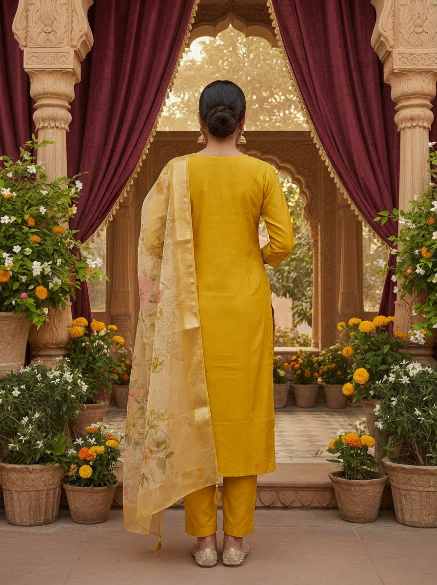 Sara Motifs Embroidered Silk Kurta with Trouser & Dupatta