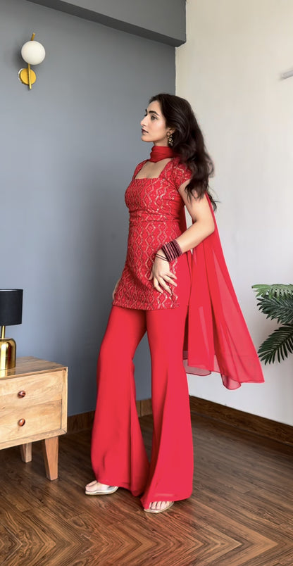 90's Style Glam Kurta Set with Bell Bottom Palazzo & Dupatta