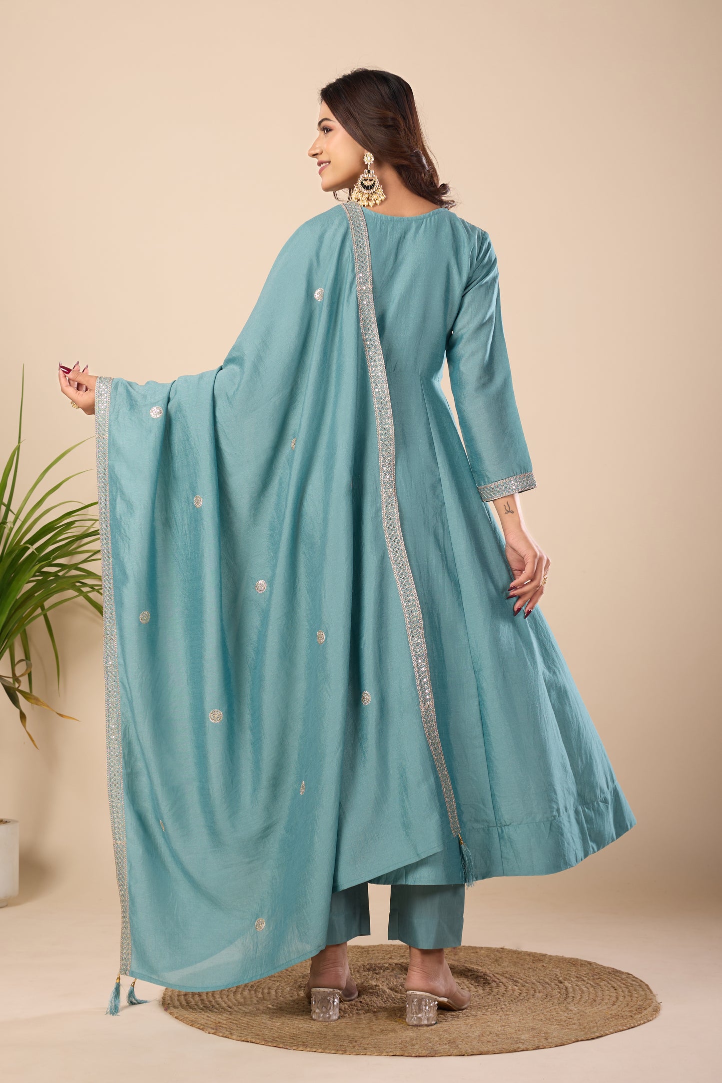 Sky Blue Embroidered Silk Anarkali Kurta With Dupatta Set