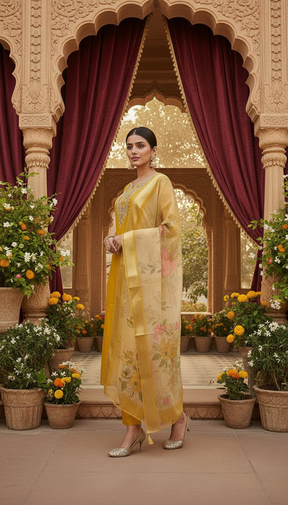 Sara Motifs Embroidered Silk Kurta with Trouser & Dupatta