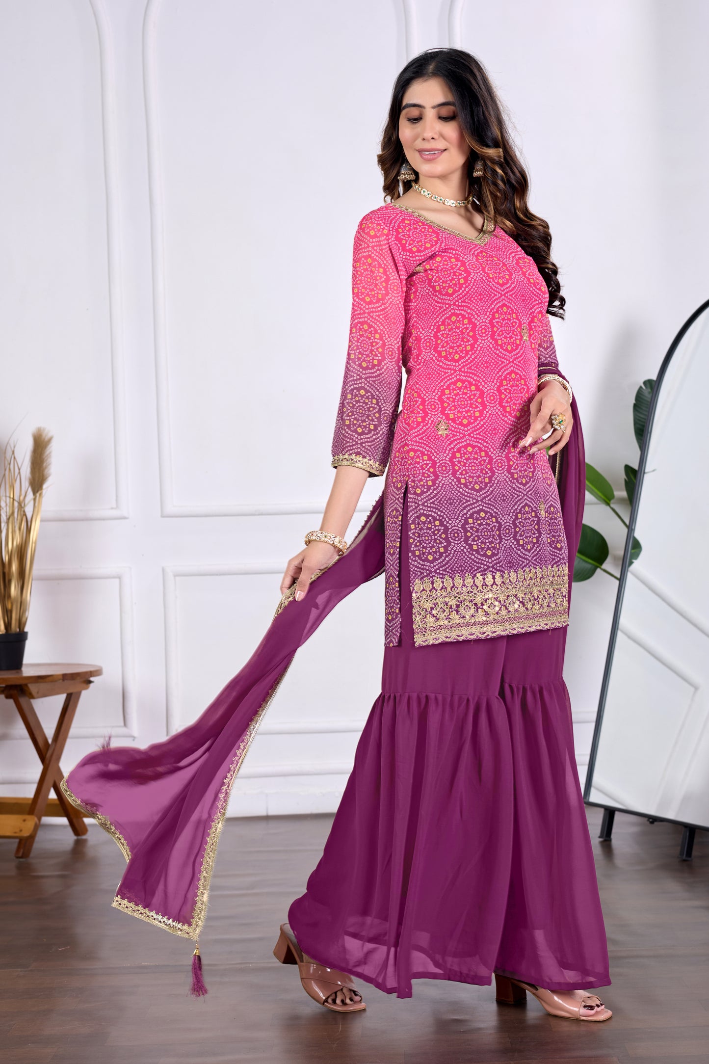 Bandhani Embroidered Printed Sharara Set with Dupatta