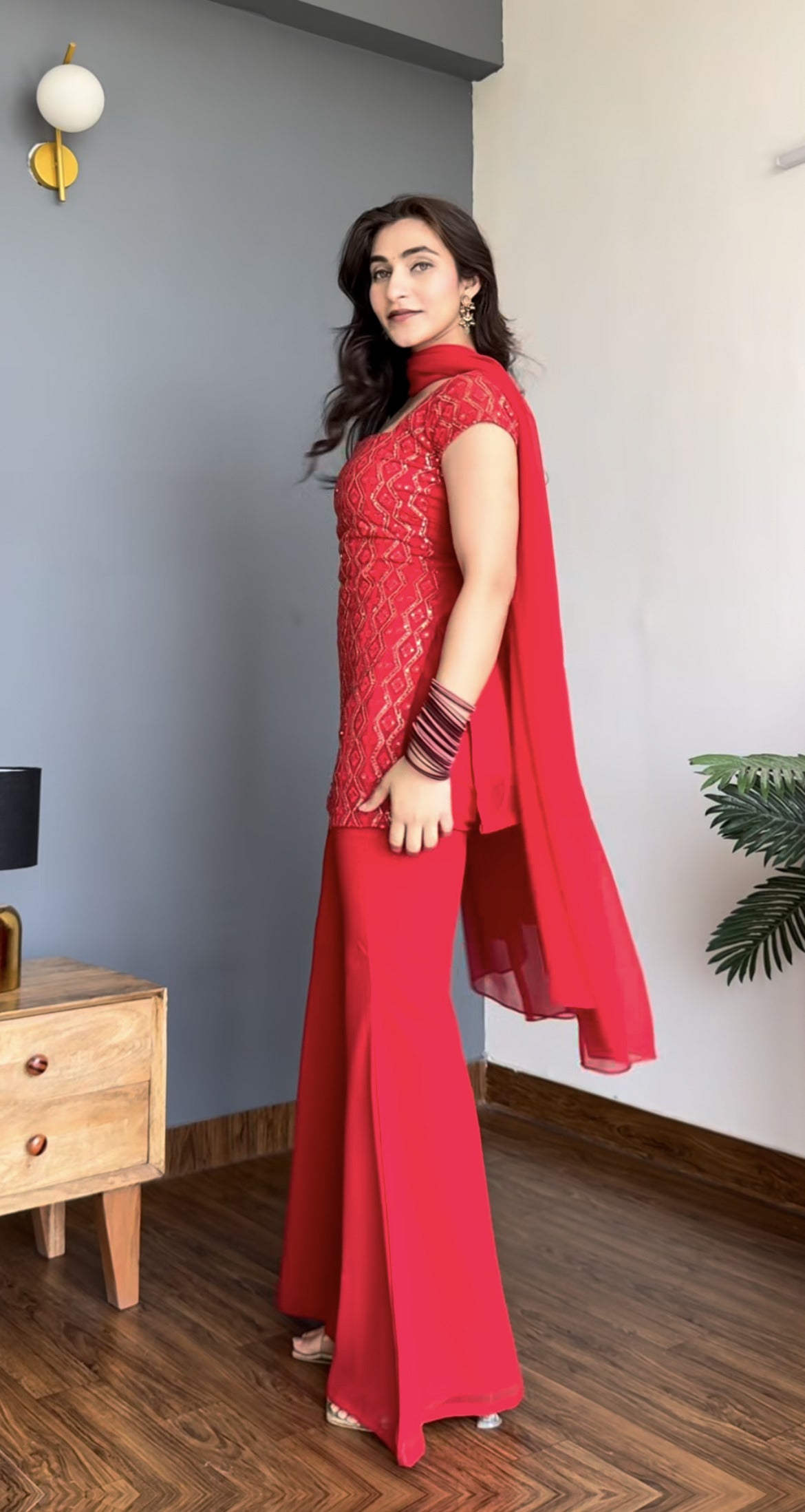 90's Style Glam Kurta Set with Bell Bottom Palazzo & Dupatta