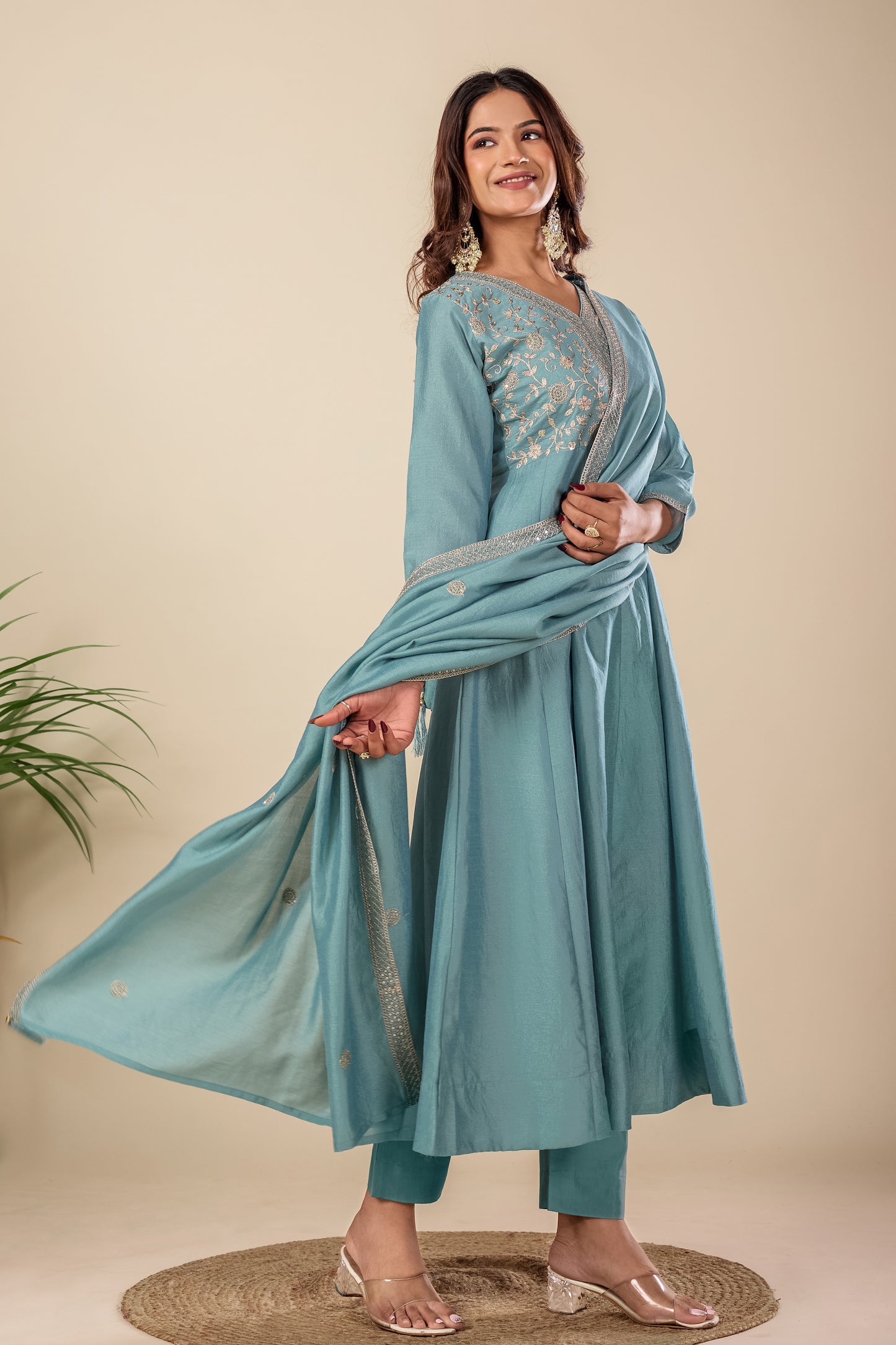 Sky Blue Embroidered Silk Anarkali Kurta With Dupatta Set