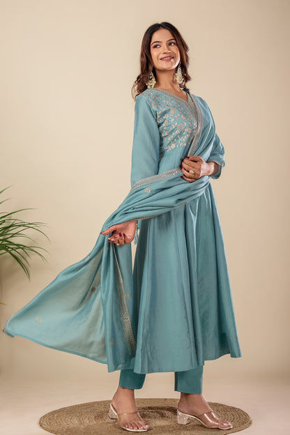 Sky Blue Embroidered Silk Anarkali Kurta With Dupatta Set