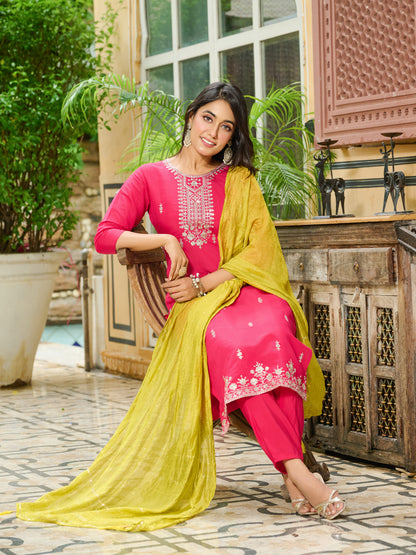 Tanvi Silk Blend Embroidered Kurta Set with Trousers and dupatta