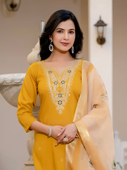 Sara Motifs Embroidered Silk Kurta with Trouser & Dupatta