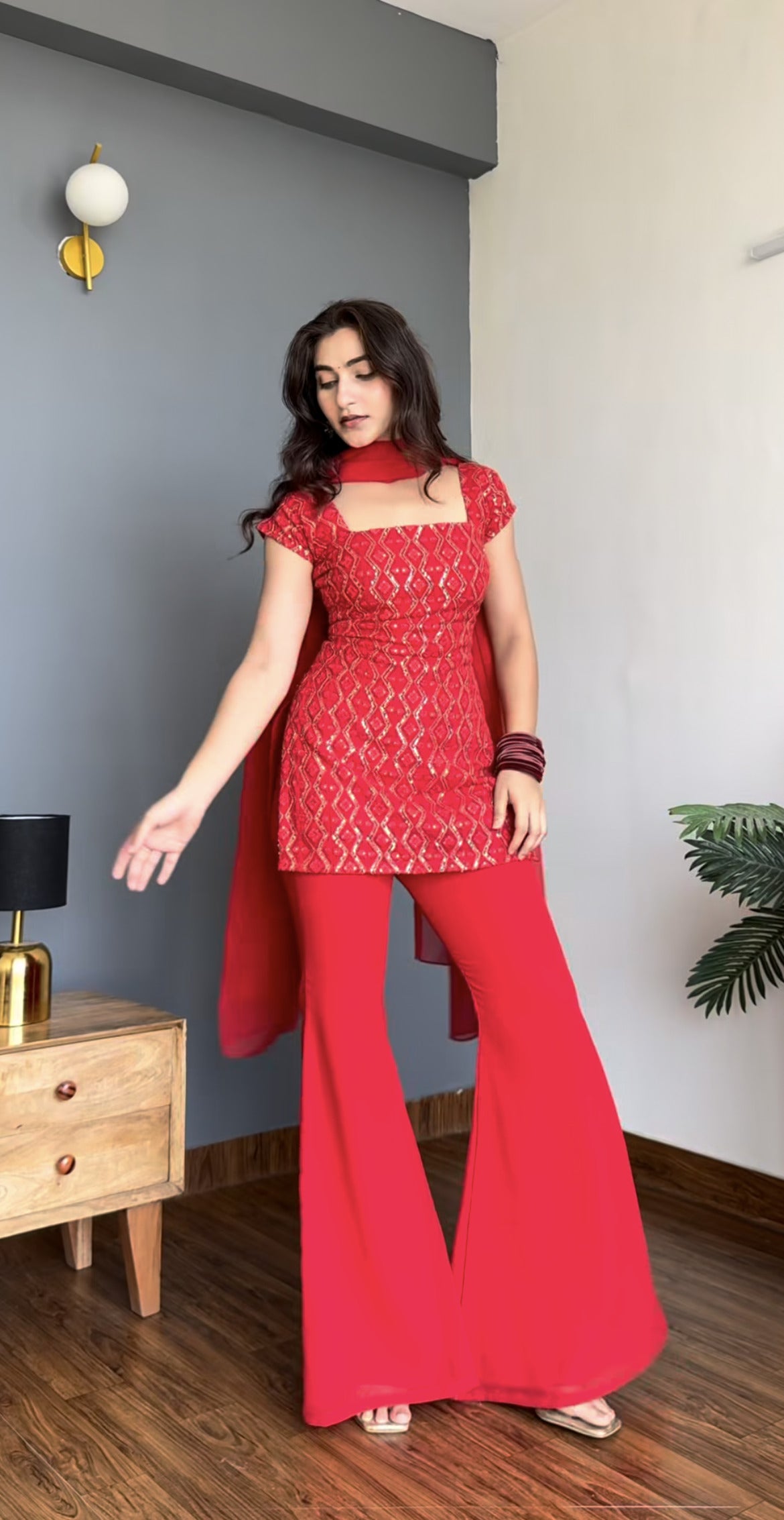 90's Style Glam Kurta Set with Bell Bottom Palazzo & Dupatta