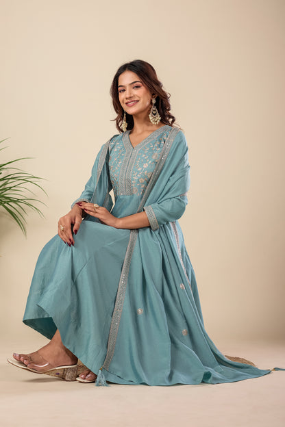 Sky Blue Embroidered Silk Anarkali Kurta With Dupatta Set
