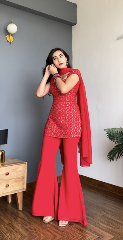 90's Style Glam Kurta Set with Bell Bottom Palazzo & Dupatta