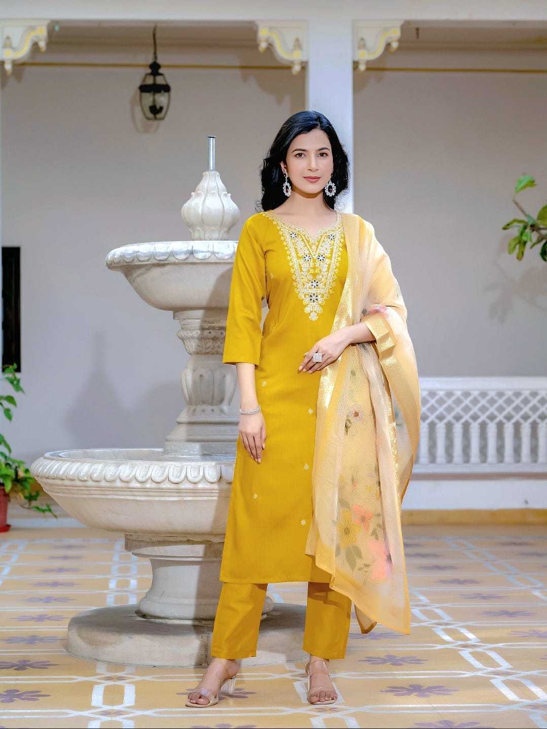 Sara Motifs Embroidered Silk Kurta with Trouser & Dupatta
