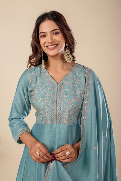 Sky Blue Embroidered Silk Anarkali Kurta With Dupatta Set
