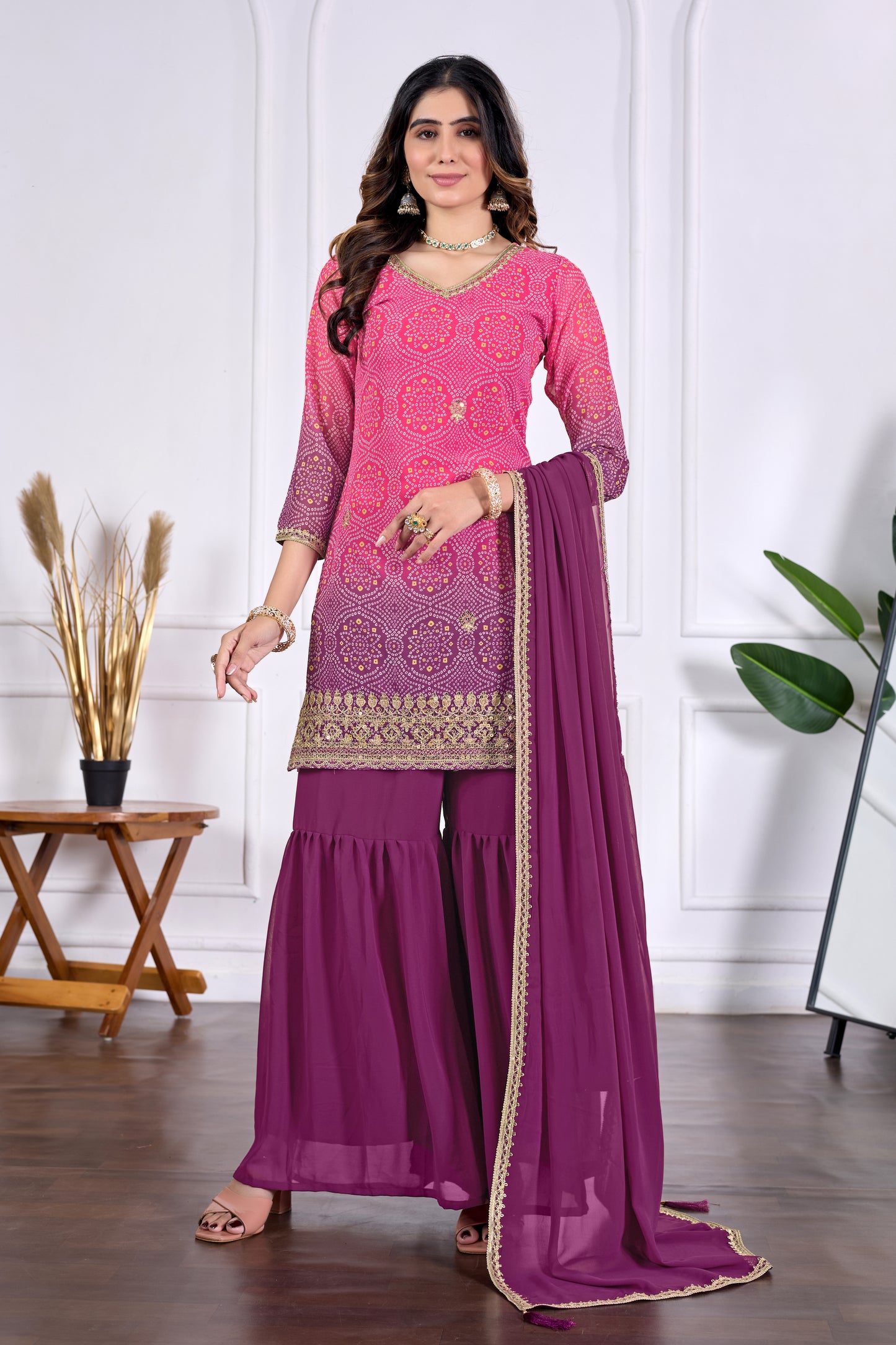 Bandhani Embroidered Printed Sharara Set with Dupatta